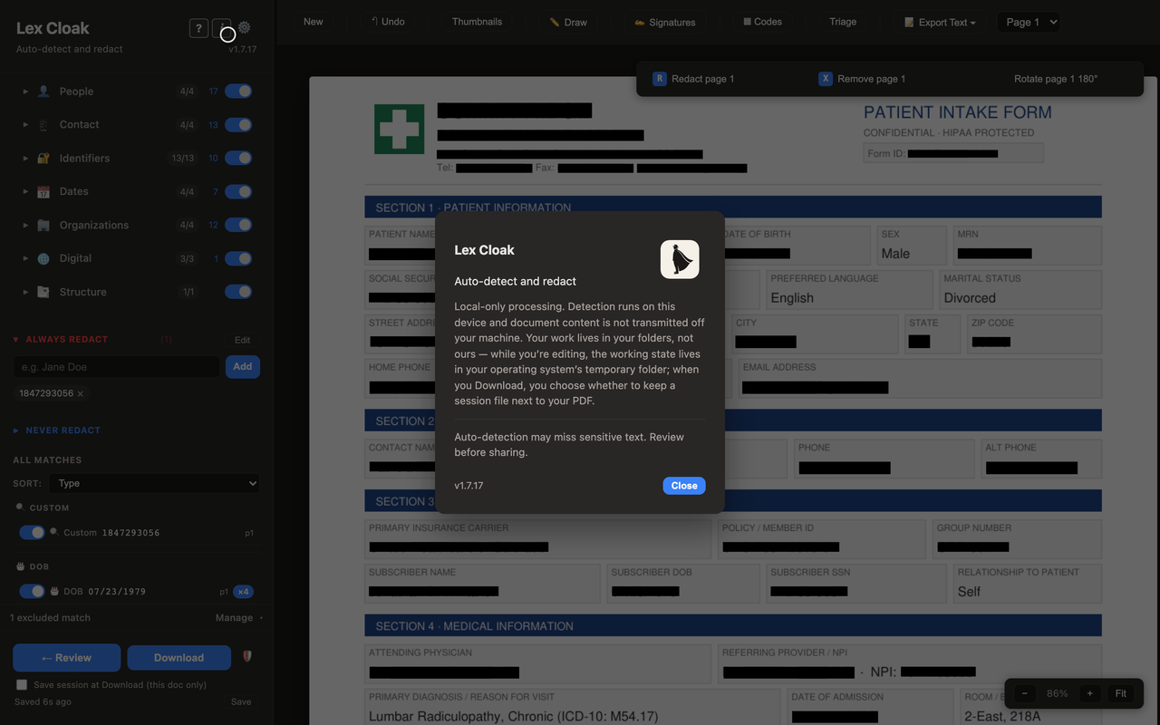 The Lex Cloak privacy panel showing that processing happens locally