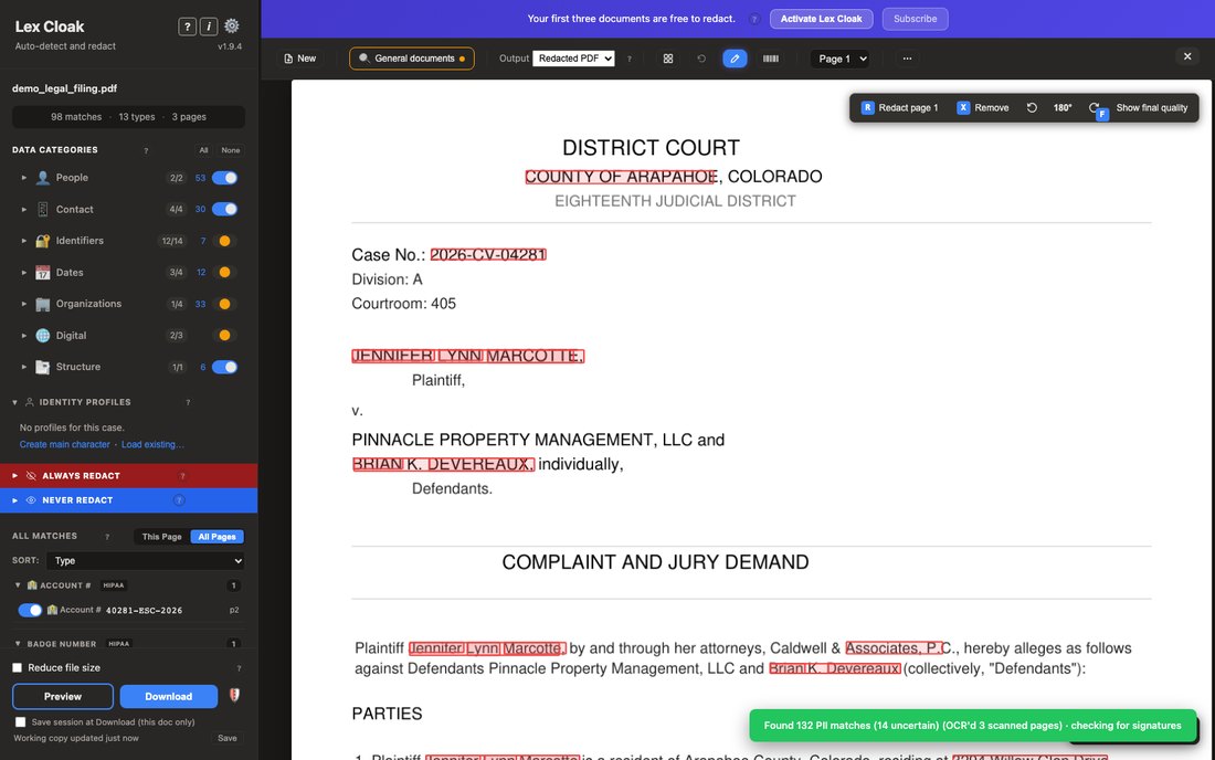 A court filing open in Lex Cloak with draw mode on, ready to drag a redaction box over anything on the page.