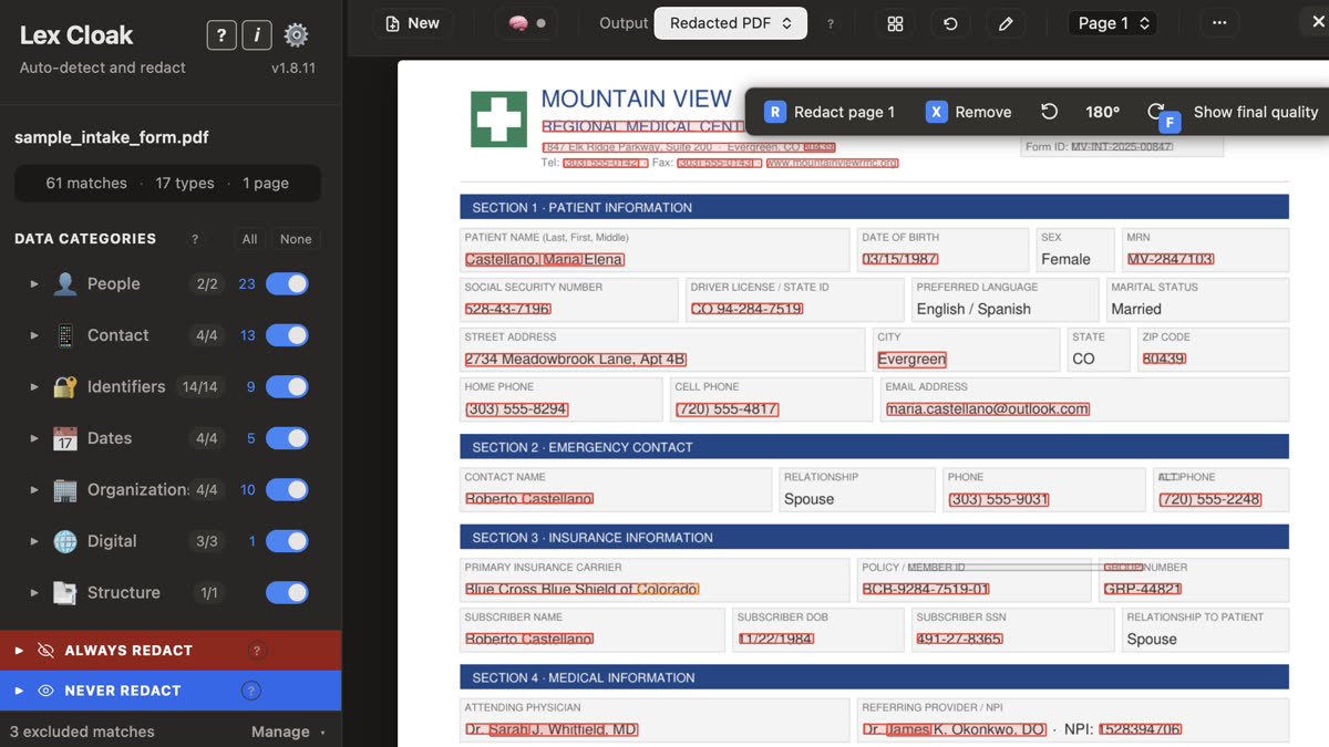 The Lex Cloak workspace scanning a sample patient intake form — matches grouped by category in the sidebar, every sensitive field outlined in red on the page