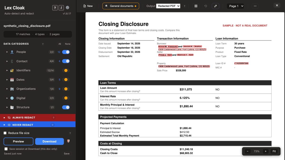 The Lex Cloak workspace scanning a sample closing disclosure — borrower names, the property address, and the loan number outlined in red, with matches grouped by category in the sidebar