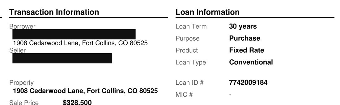 A sample closing disclosure with both names blacked out, while the property address and the Loan ID number remain visible