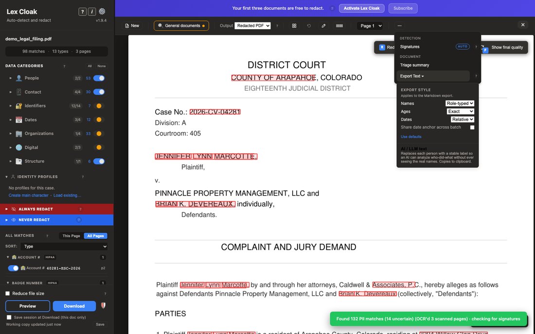 A court filing with the Export Text menu open, offering the document's wording with the personal details taken out.