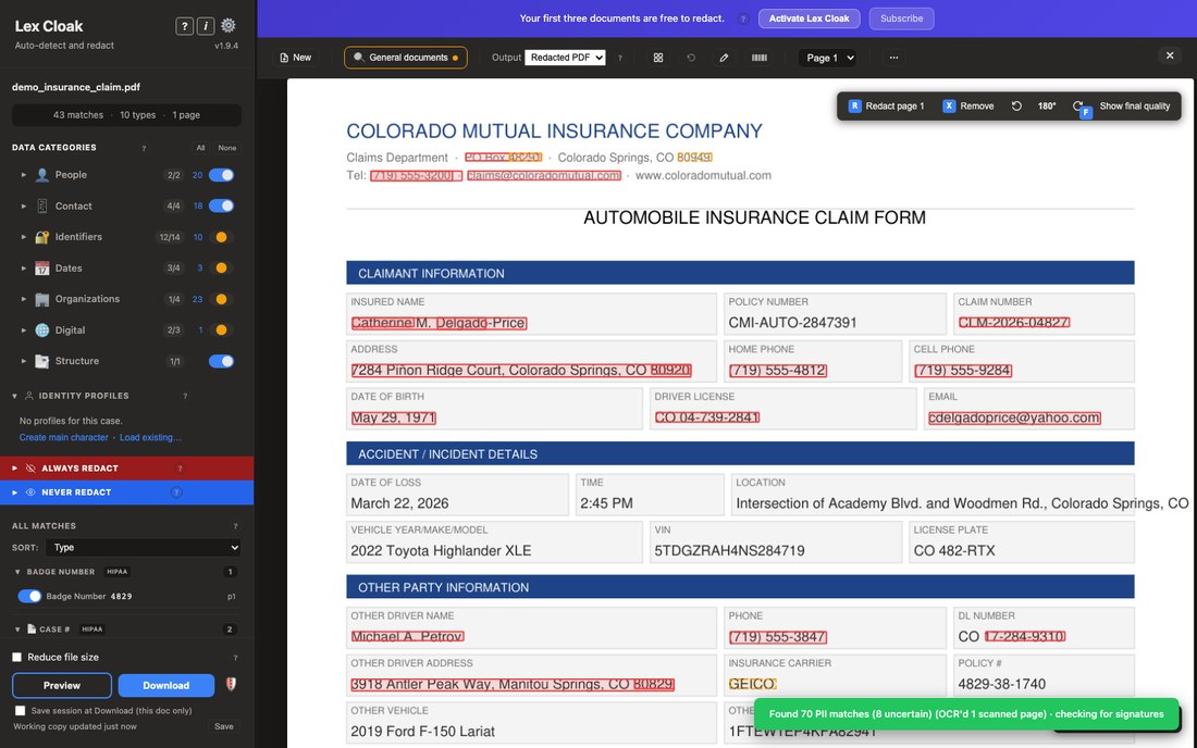 The Lex Cloak window with an insurance claim form open, names and policy numbers outlined in red where the scan found them.