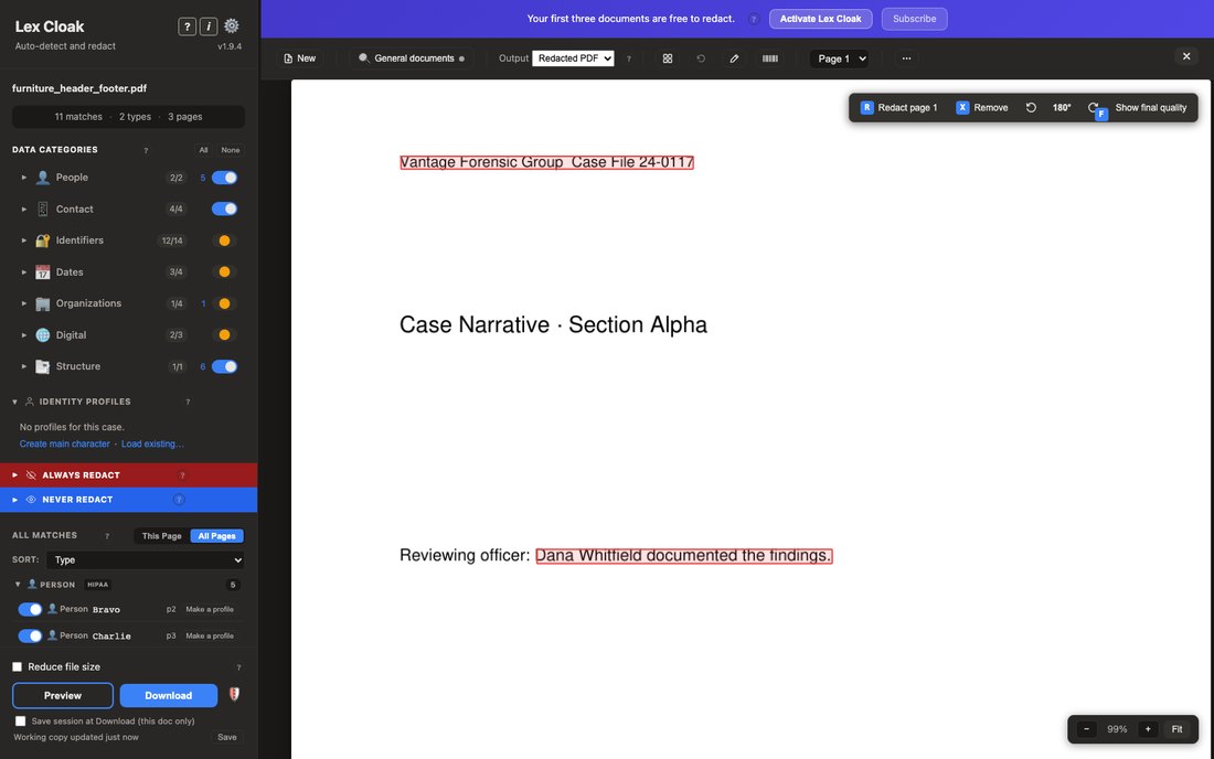 A case file page whose repeating letterhead is outlined in red, so the same header can be cleared from every page at once.