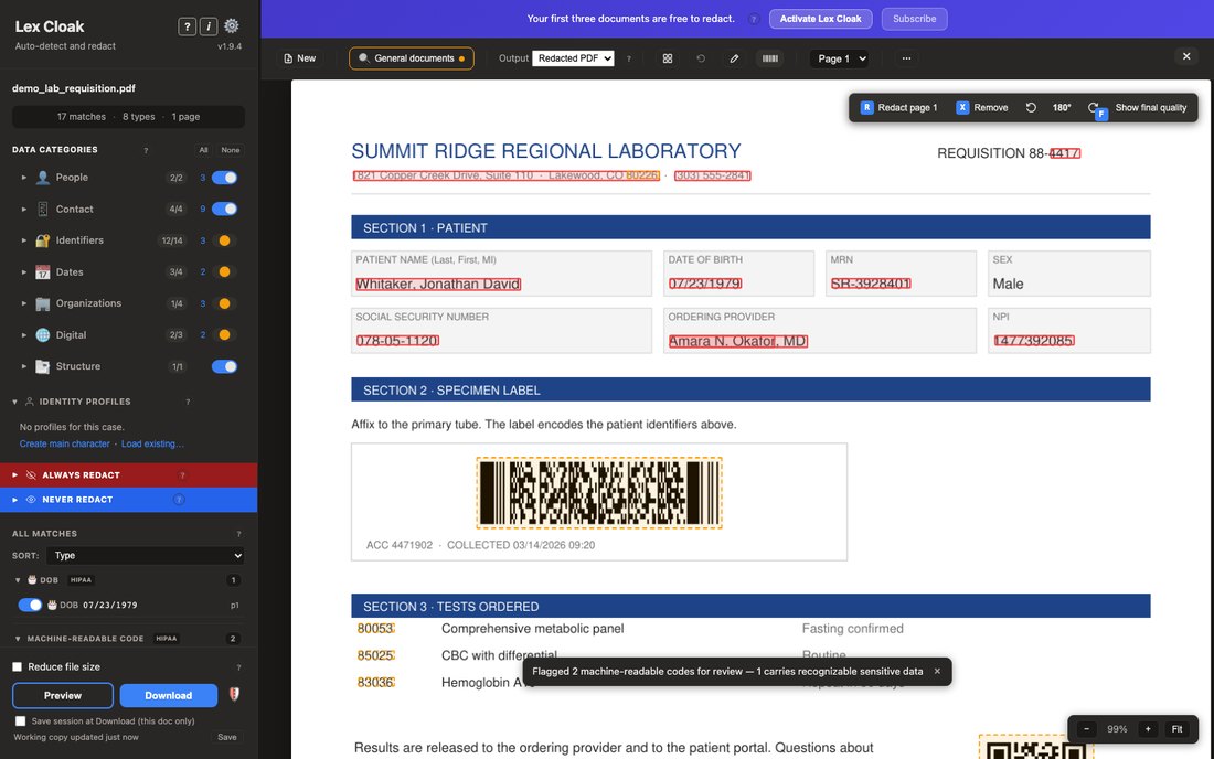 A lab requisition after the Codes pass, with the stacked specimen barcode outlined for redaction and the footer QR code flagged for review.