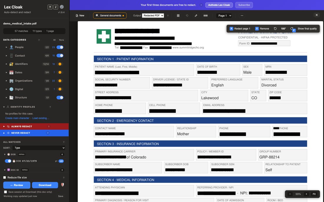 The same intake form in preview, with solid black boxes where the red outlines were, showing what the exported file will look like.