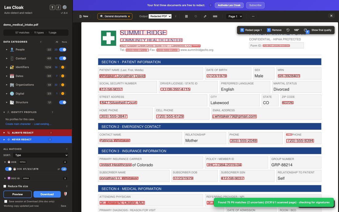 A patient intake form with red outlines around each detail the scan flagged, and the full list of those details down the left side.