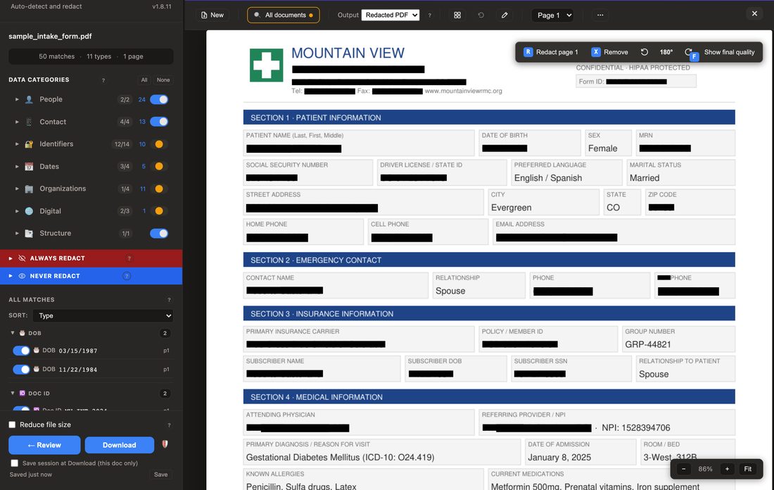 The same patient intake form with every sensitive field covered by a solid black redaction box
