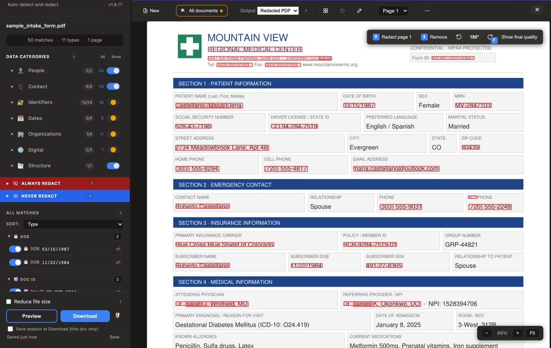 Lex Cloak scan results on a sample patient intake form, with names, dates of birth, phone numbers, addresses, and other sensitive fields outlined in red for review
