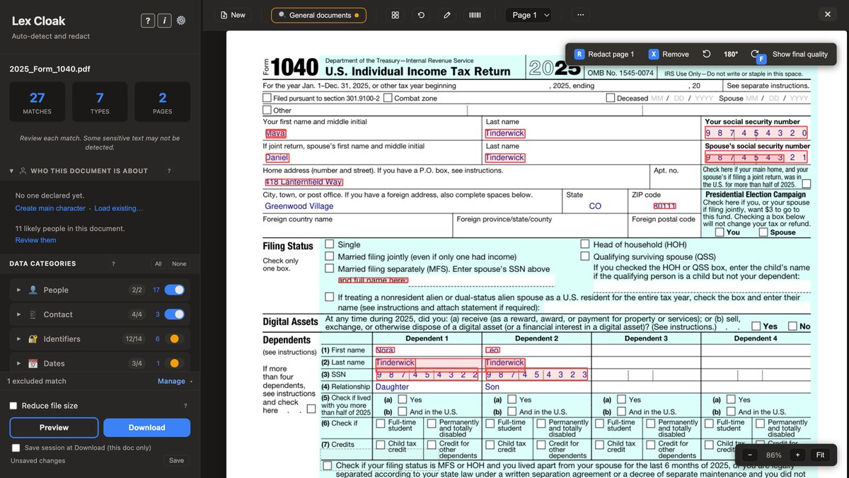 The Lex Cloak workspace scanning a sample Form 1040, with the taxpayer, spouse and children's names, Social Security numbers and home address outlined in red, and matches grouped by category in the sidebar