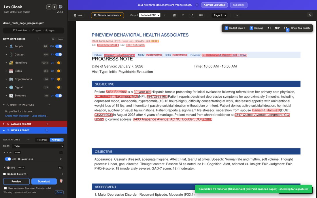 A multi-page clinical note with the session saved, so the same review can be picked up later.